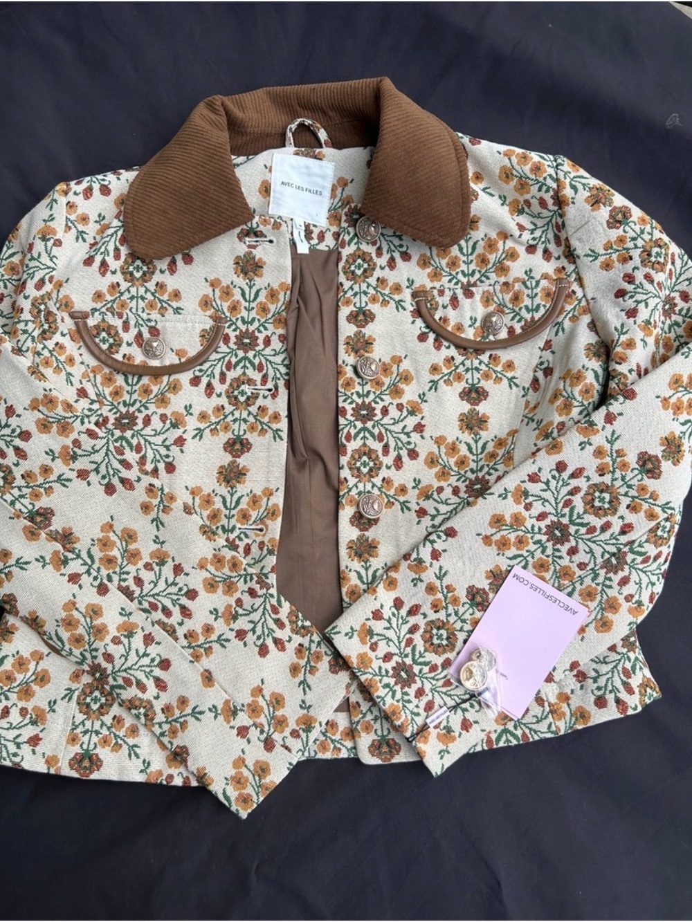 Avec Les Filles Cream Floral Cropped Blazer with Brown Corduroy Collar